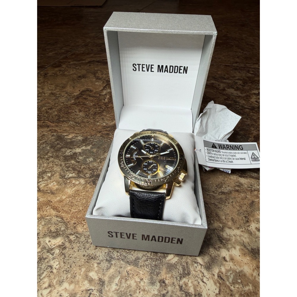 Steve Madden Mens Gold Tone Black Dial Leather Strap Watch SM-9240BKBK